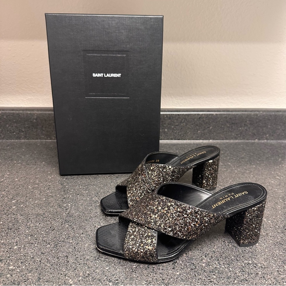 Saint Laurent Black and Gold Glitter Crisscross Block Heel Mules - Picture 11 of 13